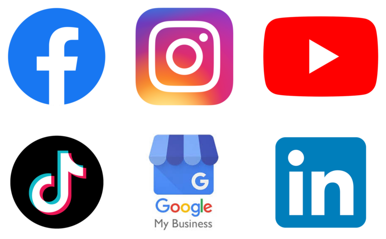 logos of social media, facebook, instragram, youtube, tiktok, Google my Business, linkedin